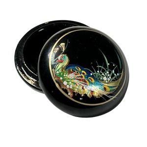 Hand Painted Small Round Lacquered Trinket Box Peacock Metallic